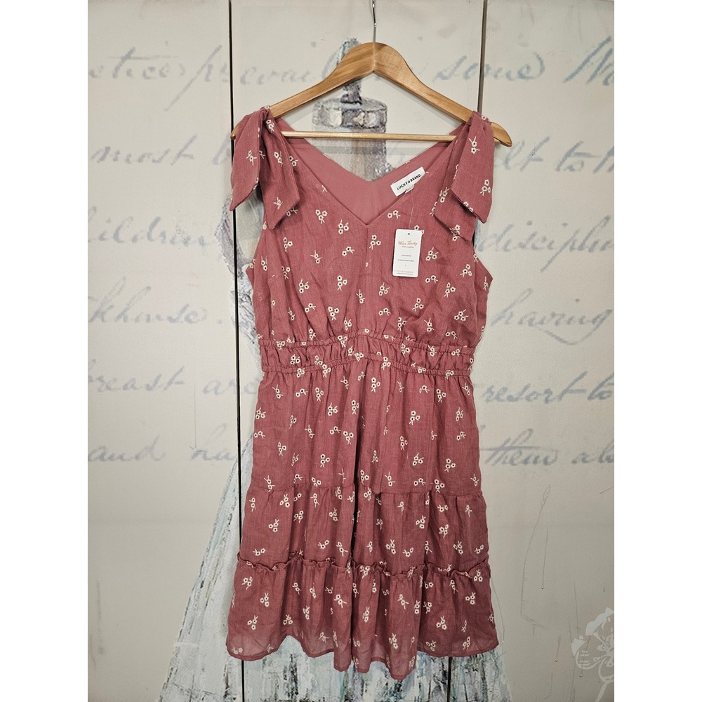 NWT Lucky Brand Dress L Rose Pink Floral Embroidered Tie Strap Tiered Smocked